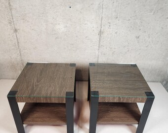 Vintage Mid Century Modern Cube End Tables | Faux Wood, Glass Top, Pair