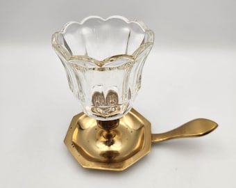 Vintage Brass Tea Light Holder with Scalloped Glass | MCM Finger Loop Accent