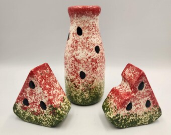 Watermelon Salt Pepper Shakers Bud Vase Set | Hand-Painted Ceramic Farmhouse Kitchen Decor
