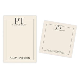 May include: Two cream-colored notepads with a dark gray border. The top notepad has the initials "PT" above the words "Physical Therapist". The bottom notepad has the name "Adam Harrison". The second notepad has the name "Caroline Thomas".