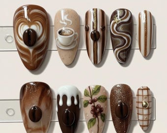 Handmade Press On Nails | Coffee & Chocolate Nail Art | Latte Art Inspired Nails Set