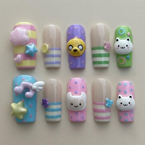 Cute Pastel Press On Nails / Kawaii 3D Cartoon Nails / Colorful Stripe Nails / Handmade Glossy Nail Art