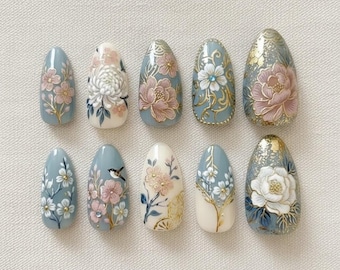 Vintage Floral Press On Nails / Pastel Blue Gold Leaf Nail Set / Hand Painted 3D Flower Nails / Elegant Romantic Bridal
