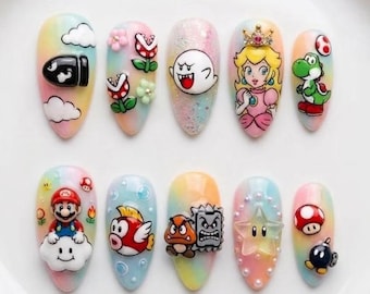 Unghie finte Super Mario fatte a mano / Nail art 3D Peach Yoshi Boo Piranha Pianta Fungo Stella / Divertenti unghie finte riutilizzabili color pastello Kawaii Mandorla