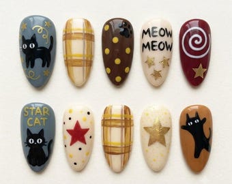 Handmade Black Cat Press On Nails / Gold Star Plaid Meow Swirl Nail Art / Whimsical Retro Autumn Almond Reusable Fake Nails