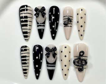 Handmade Music Theme Press On Nails / Black White Piano Keys And Treble Clef Nail Art / 3D Bows Polka Dots Long Almond / Reusable Fake Nails
