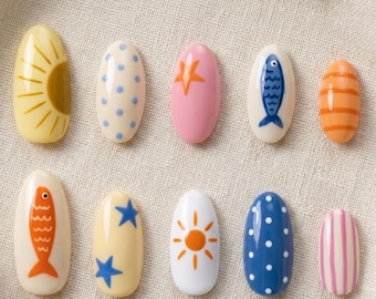 Handmade Summer Beach Press On Nails/Cute Fish Nails/Colorful Polka Dot Nails/Minimal Ocean Nails/Y2K Nails