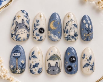 Totoro Press On Nails / Blue White Floral Nails / Japanese Inspired Nails / Cute Character Nails / Cottagecore / Handmade Nail Art