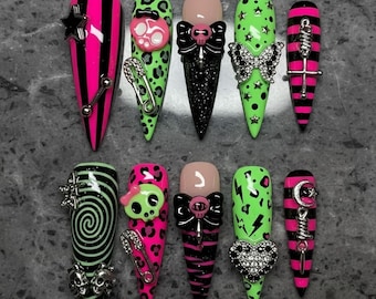 Gothic Y2K Press On Nails / Neon Green Pink Punk Nails / Skull Bow Butterfly 3D Charms / Long Stiletto Handmade Nails