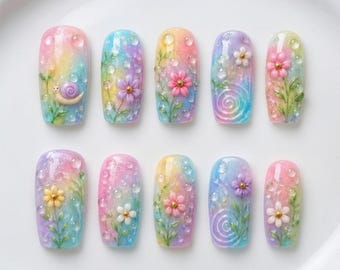 Handmade Rainbow Dew Garden Press On Nails / Pastel 3D Snail Flower Water Drop Nail Art / Kawaii Colorful Short Square Reusable Fake Nails