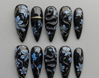 Black Snake & Blue Blossom Press On Nails / Gothic 3D Serpent Floral Nails / Dark Elegant Statement Set