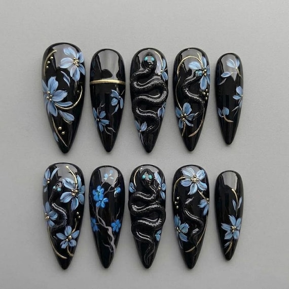 Black Snake & Blue Blossom Press On Nails / Gothic 3D Serpent Floral Nails / Dark Elegant Statement Set