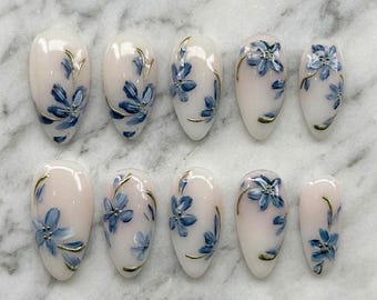 Handmade Blue Floral Press On Nails/Elegant Flower Nail Art/Gold Outline Nails/Soft Luxury Nails/Almond Shape Nails/Bridal Spring Nails Set