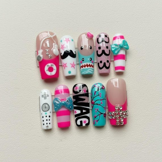 Y2K Cute Press On Nails / Pink Bow Cartoon Nails / 3D Charm Pop Art Nails / Long Square Handmade Press Ons / Trendy Gift