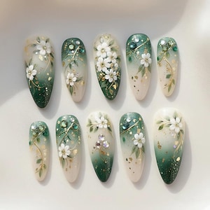 Emerald Green Ombre Press On Nails / White Floral Gold Leaf / Luxury 3D Crystal Accent / Elegant Bridal Set