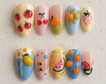 Handmade Fruit Press On Nails/Kawaii Summer Nails/Cute Cherry Strawberry Nails/Colorful Y2K Nails/Japanese Gel Nails