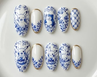 Blue Porcelain Po.ke.mon Press On Nails / Pikachu Snorlax Nail Set / Chinoiserie Anime Nails / Hand Painted White Blue