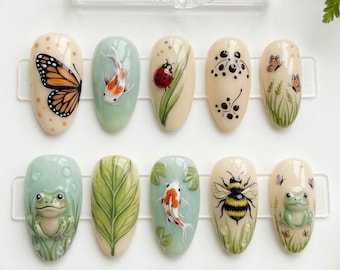 Uñas de la naturaleza / Uñas de rana / Uñas de fauna de estanque / Arte de jardín de mariposas koi y abejas / Uñas postizas hechas a mano