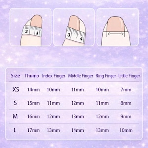以下が含まれることがあります： 爪のサイズ表で、ミリメートル単位の測定値です。XSからLまでのサイズがあり、親指、人差し指、中指、薬指、小指の測定値を詳しく示しています。画像は爪の測り方も示しています。