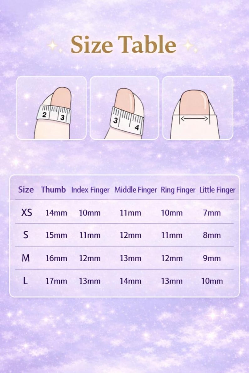 以下が含まれることがあります： 爪のサイズ表で、ミリメートル単位の測定値です。XSからLまでのサイズがあり、親指、人差し指、中指、薬指、小指の測定値を詳しく示しています。画像は爪の測り方も示しています。