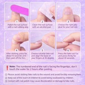 以下が含まれることがあります： 手作りのつけ爪の付け方を紹介するイラストガイド。爪の表面を磨き、アルコールパッドで拭き、接着剤を選び、押し、位置合わせをし、つけ爪を押さえる手順が含まれています。取り外しの手順も含まれています。