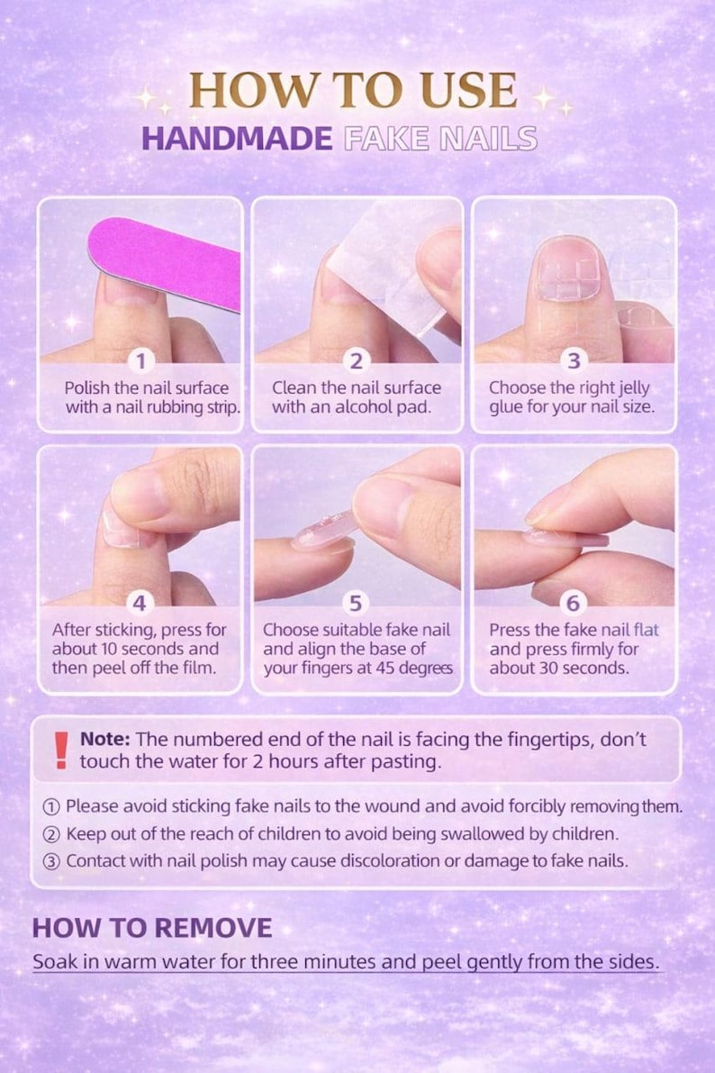 以下が含まれることがあります： 手作りのつけ爪の付け方を紹介するイラストガイド。爪の表面を磨き、アルコールパッドで拭き、接着剤を選び、押し、位置合わせをし、つけ爪を押さえる手順が含まれています。取り外しの手順も含まれています。