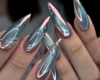 Iridescent Aura Chrome Press On Nails - Futuristic Silver Mirror Fake Nails - Holographic Cybercore Stiletto Nails