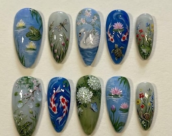 Handmade Koi Pond Press On Nails / Hand Painted Nature Nail Art / Frog Swan Lotus Design / Blue Green Scenic Nails / Artistic Set