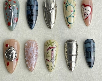 Medieval Armor Press On Nails | Handmade Knight Nail Art | Silver Gothic Sword Design | Fantasy Renaissance Nails Set