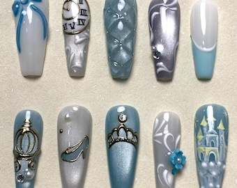 Cinderella Inspired Press On Nails | Blue Silver Princess Nail Set | Handmade Fairytale Nails | Elegant 3D Nail Art