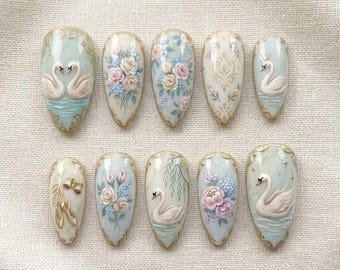 Vintage Swan Press On Nails / Romantic Swan Lake Nails / Elegant Floral Swan Nails / Handmade Gold Frame Nail Art