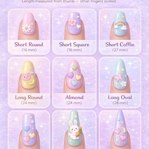 以下が含まれることがあります： ネイルの形と長さのガイド。9種類の異なるネイルの形があり、それぞれユニークなデザインとミリメートル単位の長さが表示されています。ガイドには、ショートラウンド、アーモンド、スティレットなどの形が含まれており、花、虹、ハートなどの装飾要素があります。