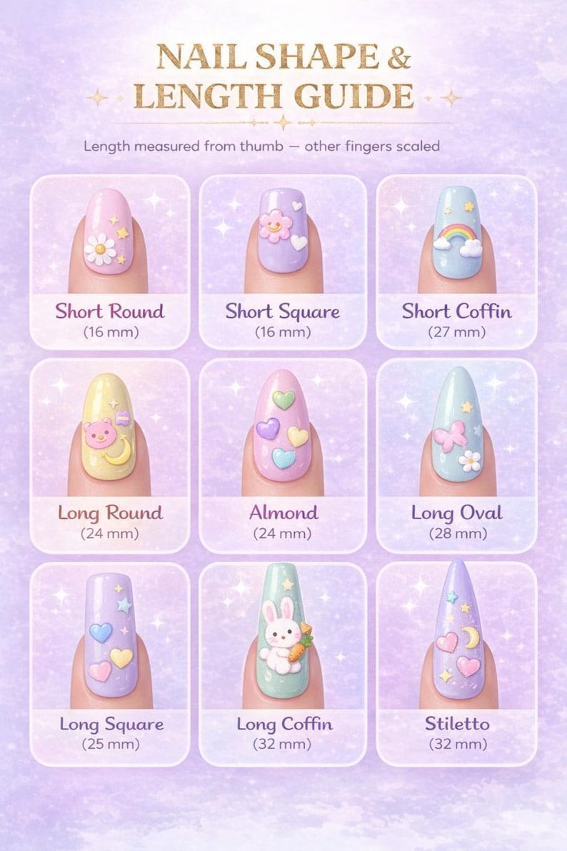 以下が含まれることがあります： ネイルの形と長さのガイド。9種類の異なるネイルの形があり、それぞれユニークなデザインとミリメートル単位の長さが表示されています。ガイドには、ショートラウンド、アーモンド、スティレットなどの形が含まれており、花、虹、ハートなどの装飾要素があります。