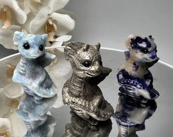Flying Baby Dragon Crystal Carving – Blue Opal, Sodalite   Pyrite Hand-Carved Sculpture