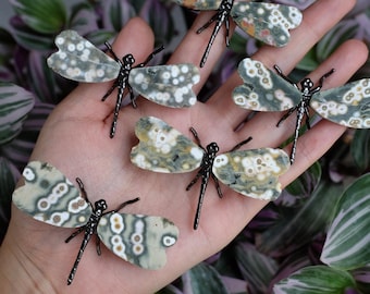 Precious Orbicular Ocean Jasper Dragonfly Carving with Metal Frame – Symbol of Renewal, Harmony & Transformation