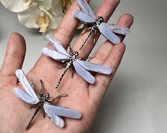 Blue Lace Agate Crystal Dragonfly Carving with Metal Frame – Serene Sky Energy  Calming Beauty