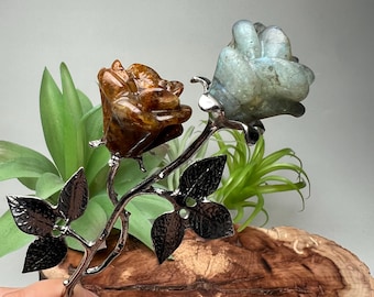 Double Head Rose | Labradorite + Golden Healer on 1 Stem | Crystal Sculpture