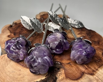 Amethyst Crystal Rose on Acrylic Base– Handcrafted with Metal Leaves, Elegant Décor