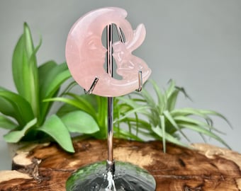 Rose Quartz Fairy Moon Carving with Silver Stand, Fantasy Celestial Sculpture