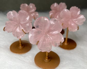 Rose Quartz Cherry Blossom Flower on Golden Stand – Elegant Crystal Decor
