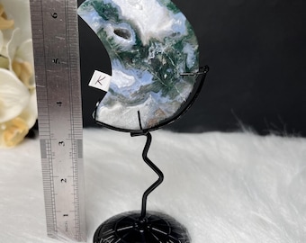 Druzy Moss Agate Moon Carving on Stand – Choose by Number