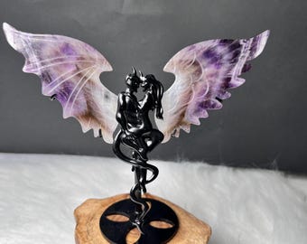 Chevron Pattern Dream Amethyst Angel–Devil Wing on Stand – Statement Crystal