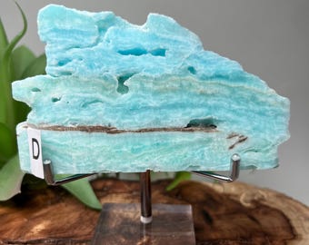 Vibrant Blue-Green Hemimorphite Slab on Stand – Landscape-Inspired Crystal Display