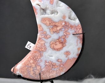Cutest Big Druzy Cotton Candy Agate Moon with White Lace Pattern on Stand