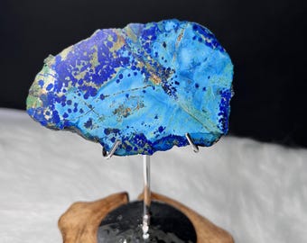 Vibrant Azurite-Chrysocolla Slab on Stand – Natural Crystal Display