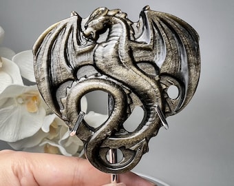Shining Gold Obsidian Flying Dragon on Silver Stand – Majestic Crystal Sculpture  Mystical Decor