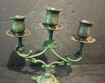 Vintage Brass 3-Arm Candelabra Green Patina Ornate Candle Holder 7 Inch