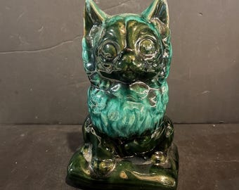Vintage Clay Cat Piggy Bank Green Turquoise Drip Glaze Coin Bank Retro Decor