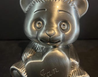 Vintage Teddy Bear Piggy Bank – Heart Design Coin Holder – Silver Tone Nursery Decor