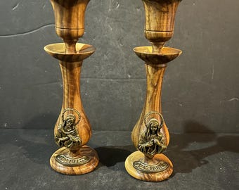 Ensemble de bougeoirs en bois vintage - Décoration d'autel Sacré-Cœur Immaculé Cœur 23 cm